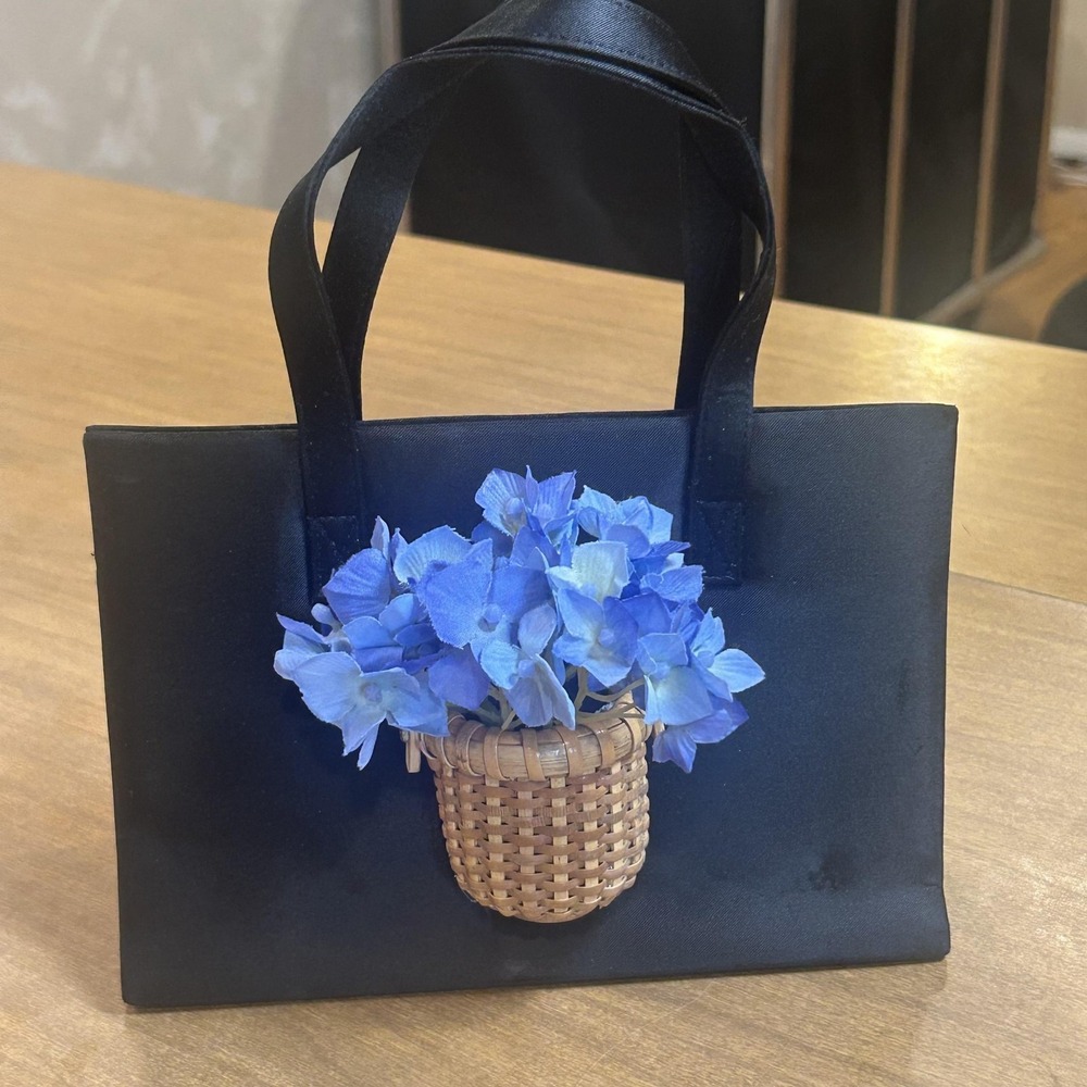 Flower Top Handle Bag Womens Small Black Satin Basket Crossbody Purse Mirror